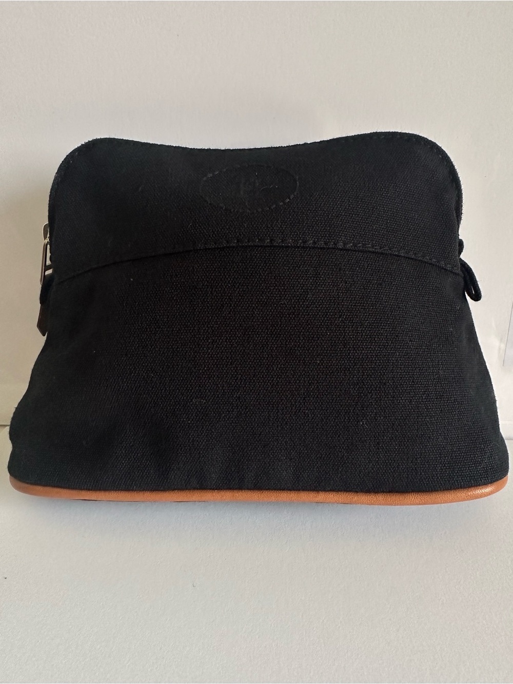 Authentic Hermès Bolide Mini Canvas Cosmetic Pouch Black Leather Trim Unused